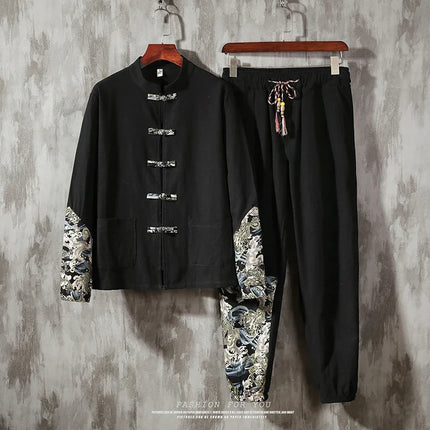 Completo Due Pezzi da Uomo, Nuovo Stile Primaverile in Lino, Comodo Completo Retrò Tang in Cotone Patchwork, Camicia Casual e Giacca Stampata Kung Fu