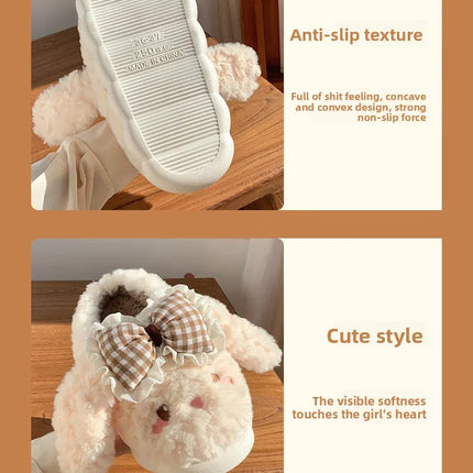 2026 New Women's Cotton Bow Bunny Slippers Winter Indoor Home Warm Household Wool Cotton Shoes Women Wear Indoor Winte