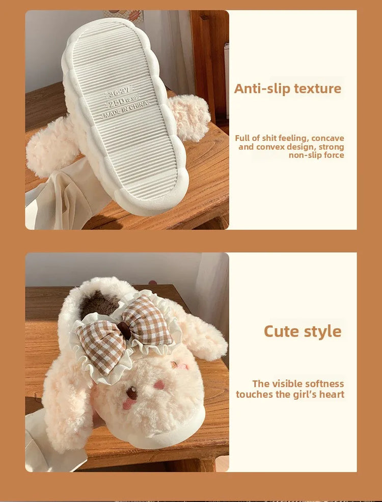 2026 New Women's Cotton Bow Bunny Slippers Winter Indoor Home Warm Household Wool Cotton Shoes Women Wear Indoor Winte