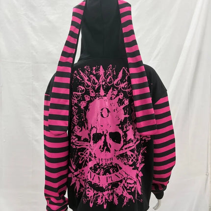 2026 Dark Pink Black Punk Skeleton Printed Striped Sleeve Hoodie Street Style Women's Zipper Cardigan Wholesale