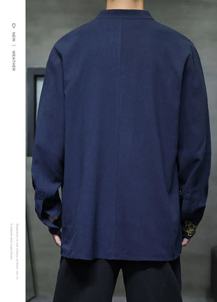 Camicie da Uomo di Alta Qualità con Ricami in Stile Cinese, Colletto Rialzato Retrò, in Lino Comodo e Traspirante, Camicie Casual da Uomo