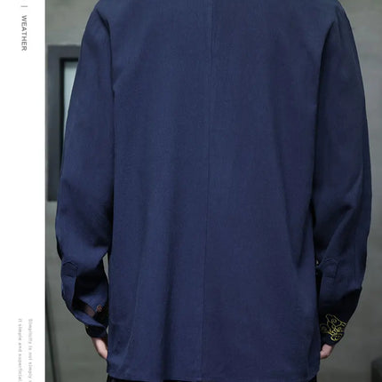 Camicie da Uomo di Alta Qualità con Ricami in Stile Cinese, Colletto Rialzato Retrò, in Lino Comodo e Traspirante, Camicie Casual da Uomo