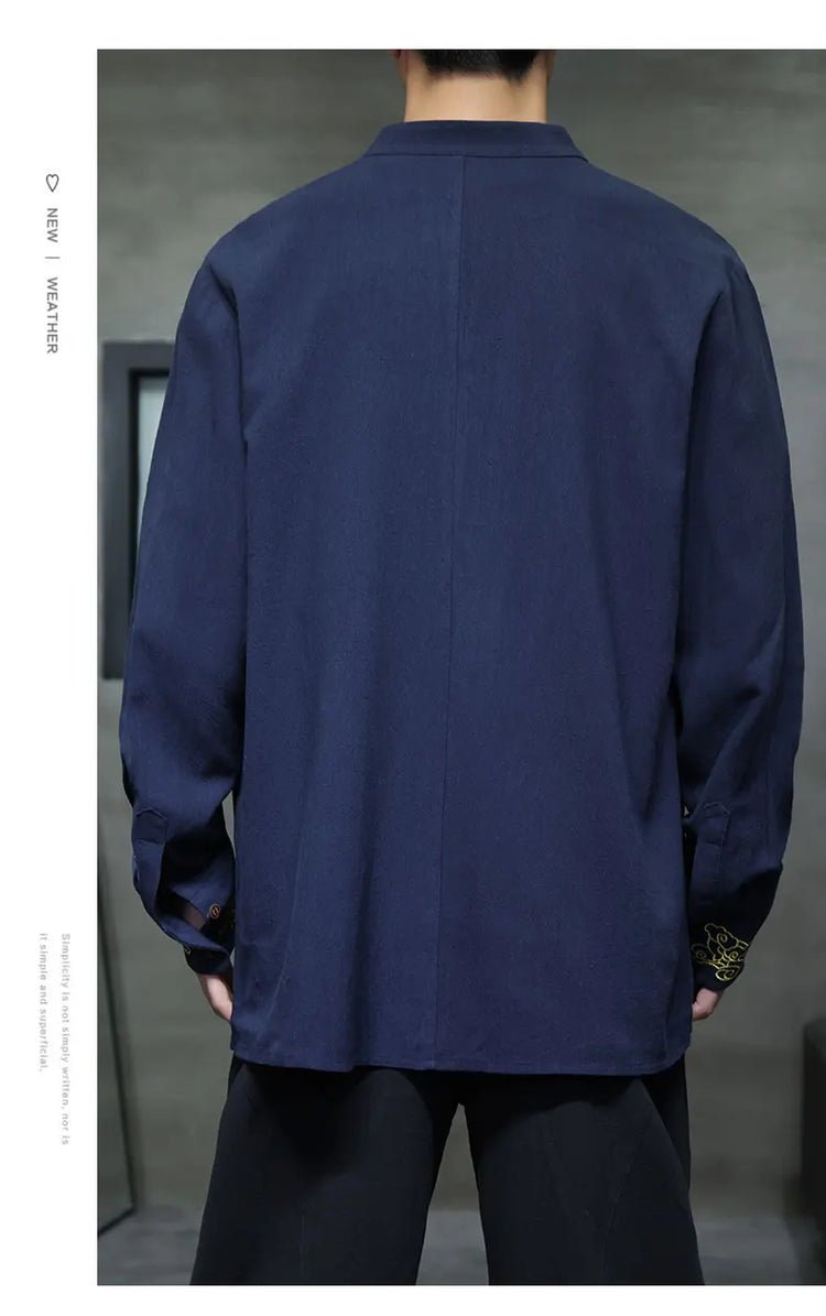 Camicie da Uomo di Alta Qualità con Ricami in Stile Cinese, Colletto Rialzato Retrò, in Lino Comodo e Traspirante, Camicie Casual da Uomo