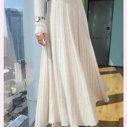 100% Pure Mink Pleated Skirts Women's Elastic High Waist Knitted Dress Fashion Joker Loose Big Swing Skirt Thick Umbrella Skirt PlatiNum