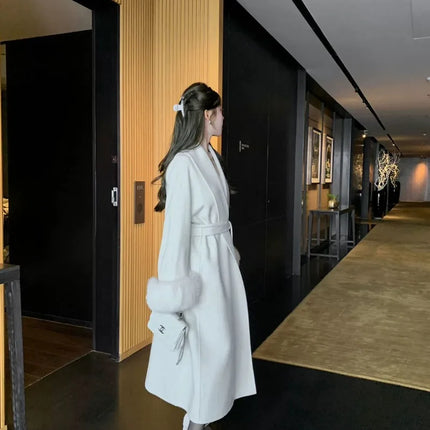 Lace Up Lapel Cashmere Wool Coat For Women's Winter Fashion Female Woolen Jackets Fur Long Sleeve Loose Overcoats