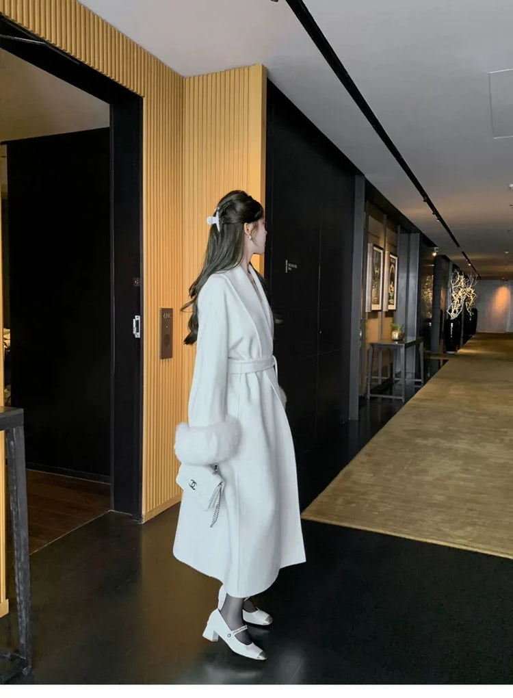 Lace Up Lapel Cashmere Wool Coat For Women's Winter Fashion Female Woolen Jackets Fur Long Sleeve Loose Overcoats