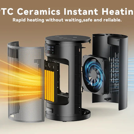 Portable Electric Heater 1500W PTC Ceramic Space Heater 10inch Instant Warmth Quiet Air Blower Fan V0-Grade Fireproof Materials Overheat Protection Tilting Protection Home Appliance for Bedroom Office Desk Indoor
