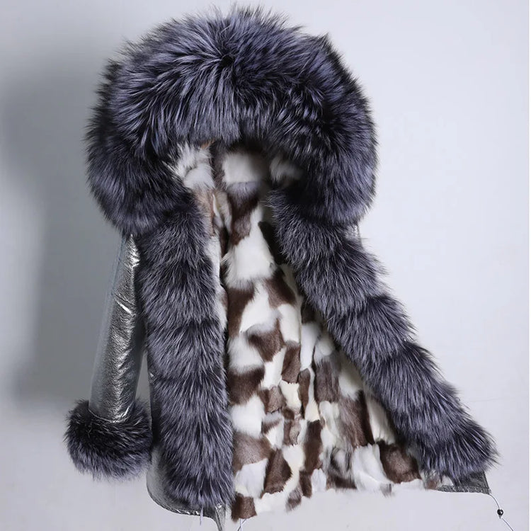 Winter Long Jacket Real Fur Coat Women Clothes Large Silver Fox Fur Collar Detachable Natural Fox Lining Parkas Leather Fur