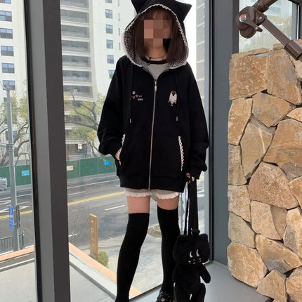 Zipper Hoodie Gothic Cartoon Kawaii Cat Ear Y2k Jacket Zip Up Thin Coat Spring Autumn Cute Core 2000s Clothes Fall Sweatshirts