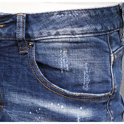 Fashion Streetwear Men Jeans Retro Black Blue Elastic Slim Fit Ripped Jeans Men Spliced Designer Embroidery Hip Hop Denim Pants PlatiNum