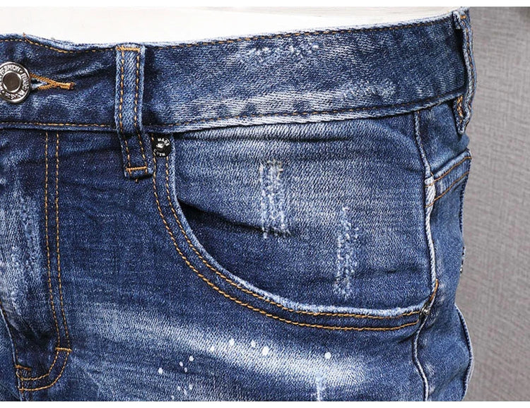 Fashion Streetwear Men Jeans Retro Black Blue Elastic Slim Fit Ripped Jeans Men Spliced Designer Embroidery Hip Hop Denim Pants PlatiNum