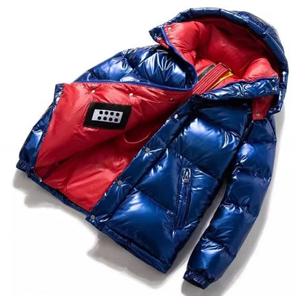 Fashion Mens Winter Mixed Colors Thick Warm 90% White Duck Down Jacket Bright Pu Leather Overcoat Streetwear Hooded Outwear Coat
