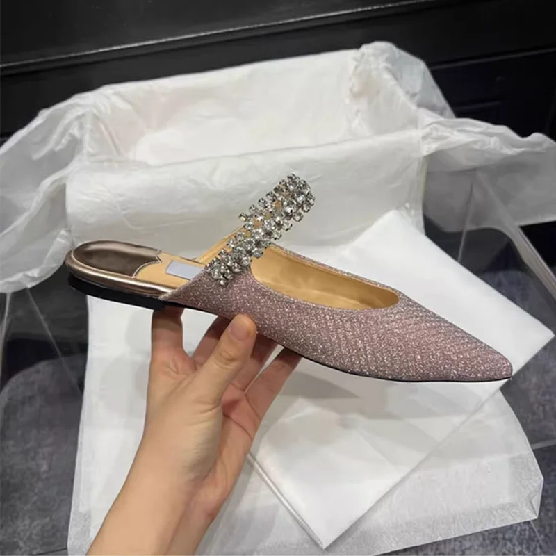European and American Women Slippers 2025 Summer New Rhinestone High Heels Pointed Temperament Muller Shoes