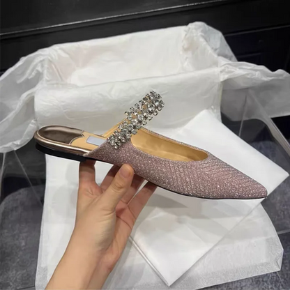 European and American Women Slippers 2025 Summer New Rhinestone High Heels Pointed Temperament Muller Shoes