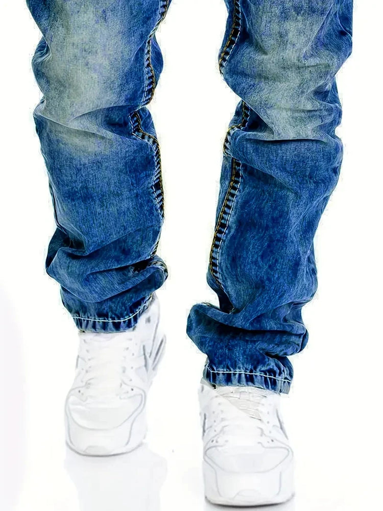 European American Jeans Men's Autumn New Slim Elastic Trousers Fashionable Vintage Wash Denim Pants Male Streetwear