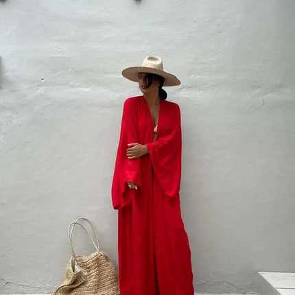 Solid Beach Cover Up Women Self Belted Wrap Kimono Dress Costume da bagno 2025 New Robe Summer Beachwear Fornitura in fabbrica platinumshop