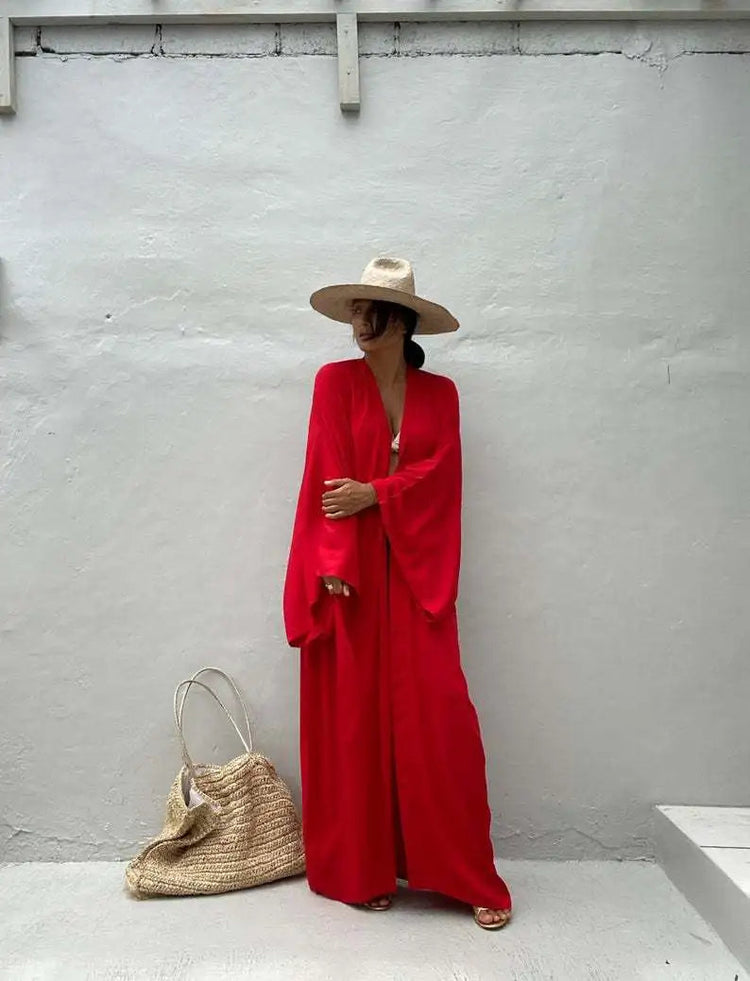 Solid Beach Cover Up Women Self Belted Wrap Kimono Dress Costume da bagno 2025 New Robe Summer Beachwear Fornitura in fabbrica platinumshop