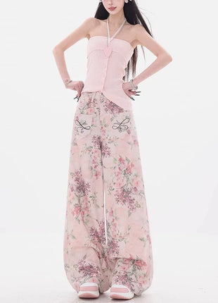 Nuovi jeans ricamati rosa stile cinese da donna Pantaloni estivi casual a gamba larga lunghi fino al pavimento con design stampato