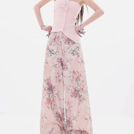 Nuovi jeans ricamati rosa stile cinese da donna Pantaloni estivi casual a gamba larga lunghi fino al pavimento con design stampato