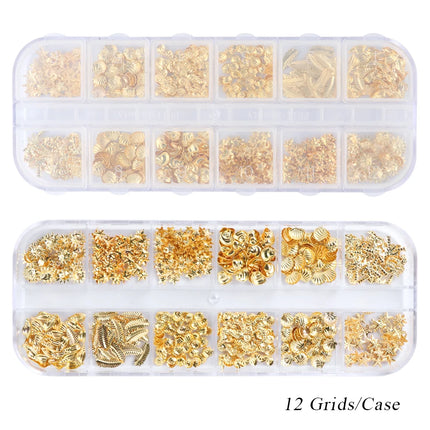 12 Grids Gold Nail Art Alloy Studs Seaside 3D Decorations Sea Shell Star Nail Charm Metal Frame Rivets Nail Sequin Accessories