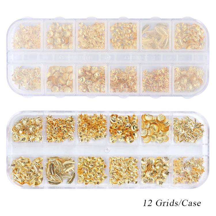 12 Grids Gold Nail Art Alloy Studs Seaside 3D Decorations Sea Shell Star Nail Charm Metal Frame Rivets Nail Sequin Accessories