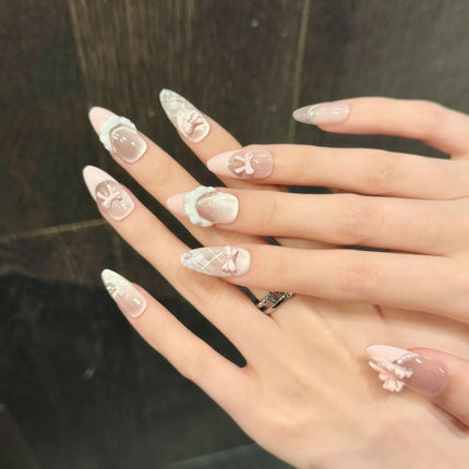 10pcs Handmade Press on Nails French Cat Eye Pink Bow Decor Korean False Nails Wearable Full Cover Ins Almond False Nail Tips 2028