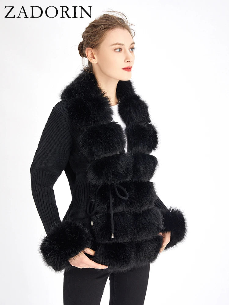ZADORIN 2026 Chic Fur Cardigan Knitted Sweater Luxury Detachable Faux Fur White Pink Black Sweaters Cardigans Woman Tops Clothes