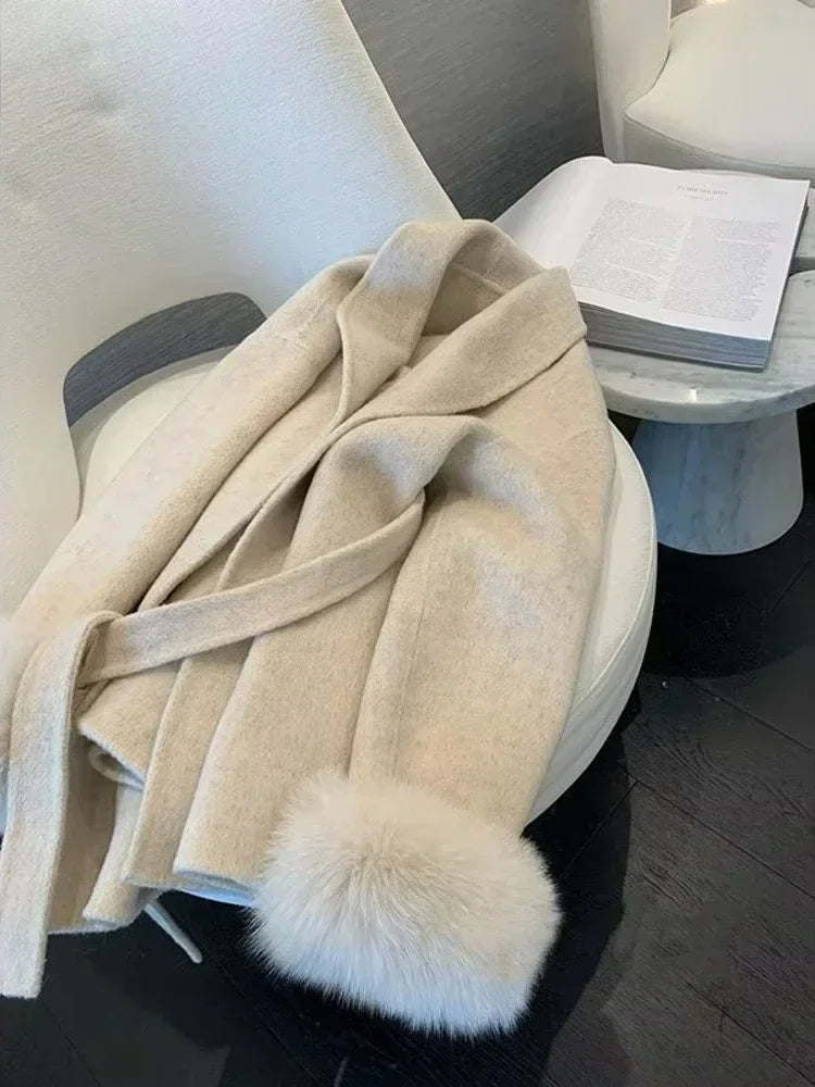 Korean Fashion Women Spring Thin Faux Fur Loose Coat Belt Vintage Jackets Clothes Casual Streetwear Korean Fashion Overcoats