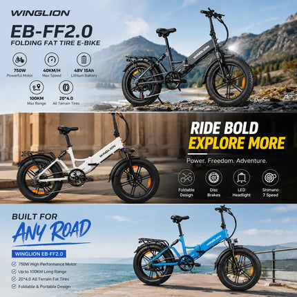 WINGLION EB-FF2.0 Bicicletta Elettrica Pieghevole da Donna, Motore 750W, Batteria 48V 15Ah, Autonomia 100KM, Velocità 40KM/H, Pneumatici Fat 4.0 da 20 Pollici, E-bike Pieghevole per Tutti i Terreni