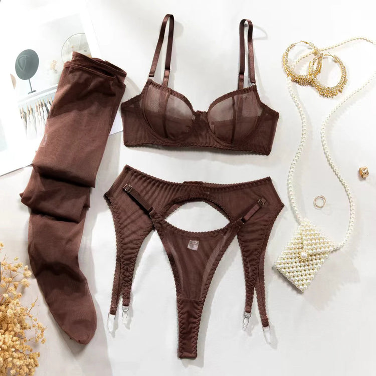 Krasapt Sexy Mesh See Through Lingerie 4 Piece Sets Woman Sheer Push Up Bras And Panties Garter Suits Erotic Intimate Outfits