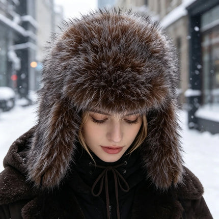 Women's Korean Style Imitation Fox Fur Lei Feng Cap Winter Thick Plush Ear Protection Hat for Outdoor Snow Cold And Warmth