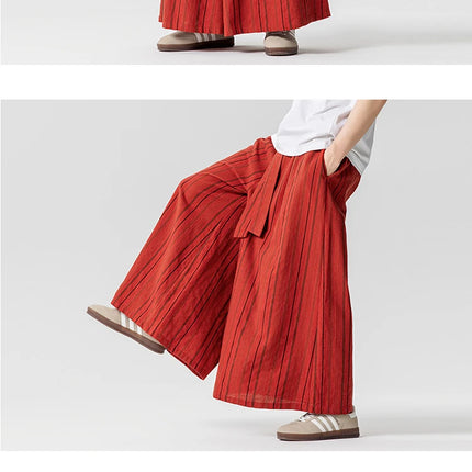 Pantaloni a righe da uomo in cotone e lino, comodi e traspiranti, pantaloni a gamba larga, kimono, samurai giapponese, pantaloni alla moda larghi casual da uomo