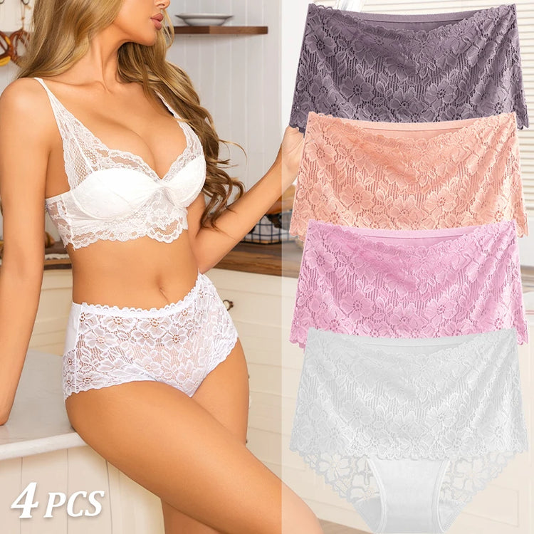 4PCS/SET Women's Sexy Lace Panty Hollow Out High Waist Women's Briefs Breathable Comfortable Underwear Plus Size Women Lingerie