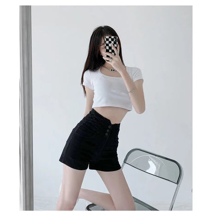Women's super high waisted denim shorts for summer girls, new black A-line waist cinching slimming design, hot pants PlatiNum
