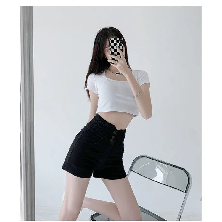 Women's super high waisted denim shorts for summer girls, new black A-line waist cinching slimming design, hot pants PlatiNum
