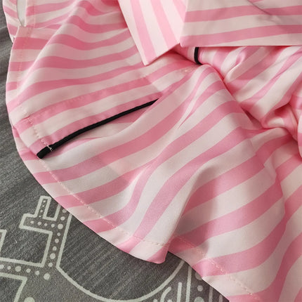 Pigiama casual in raso con stampa a righe da donna Set con fiocco a maniche corte Bottoni con risvolto Top e pantaloni Comodo indumenti da notte estivi dalla vestibilità rilassata