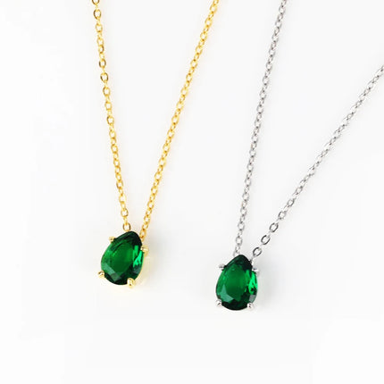 Emerald Crystal Zircon Waterdrop Charm Pendant Necklace for Women Charms Fashion Green Rhinestone Female Vintage Jewelry PlatiNum