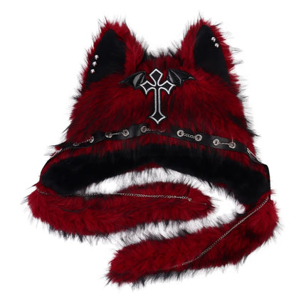 Fuzzy Faux Fur Cat Ear Ear Flap Hat, Gothic Edgy Design Plush Headwear, Fashion Warm Hat for Teens Cosplay & Daily Matching