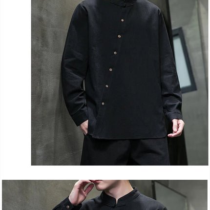 Camicie di lino in cotone Stile cinese Abito tradizionale retrò Tang Top da uomo Kung Fu Tai Chi Camicie casual a maniche lunghe in tinta unita da uomo