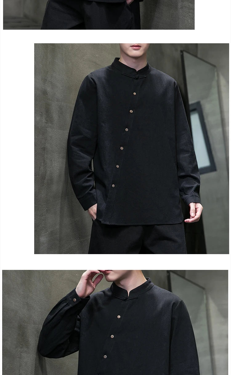 Camicie di lino in cotone Stile cinese Abito tradizionale retrò Tang Top da uomo Kung Fu Tai Chi Camicie casual a maniche lunghe in tinta unita da uomo