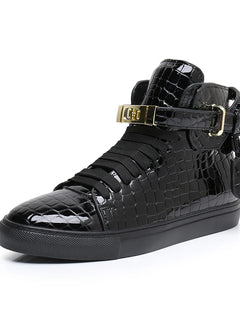 Men Red Crocodile Pattern High Top Sneakers Glossy Patent Leather Metal Buckle Lace-up Casual Shoes Streetwear Male Footwear