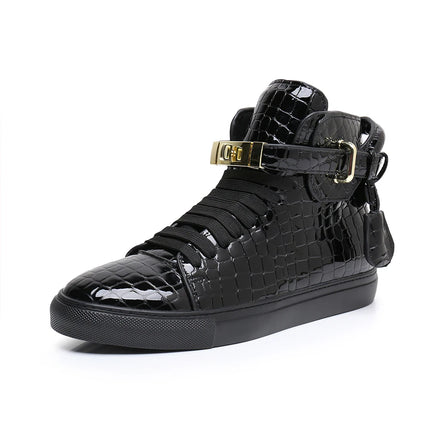 Men Red Crocodile Pattern High Top Sneakers Glossy Patent Leather Metal Buckle Lace-up Casual Shoes Streetwear Male Footwear