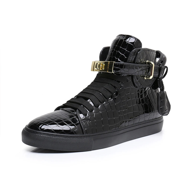 Men Red Crocodile Pattern High Top Sneakers Glossy Patent Leather Metal Buckle Lace-up Casual Shoes Streetwear Male Footwear