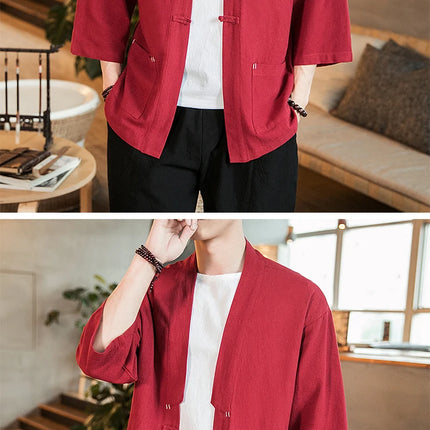 Kimono Camicia da uomo Samurai giapponese Cardigan tinta unita retrò Stile cinese Cotone Lino Yukata Haori Cappotto da uomo allentato Streetwear