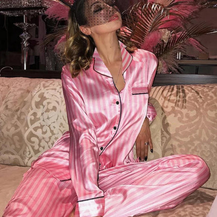 Pigiama da donna a righe rosa in raso set di seta di lusso a maniche lunghe con bottoni e risvolto con pantaloni indumenti da notte e pigiama