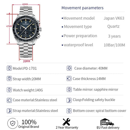 PAGANI DESIGN 2026 Nuovo CK2988 Orologio da Polso da Uomo al Quarzo di Lusso Retrò con Funzione Luna, Vetro Zaffiro e Cronografo di Precisione