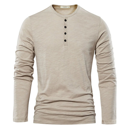 Henery Neck  Long Sleeve T shirt For Men Solid Spring Casual Mens T-shirts High Quality Male Tops Classic Clothes Men's T-shirts PlatiNum