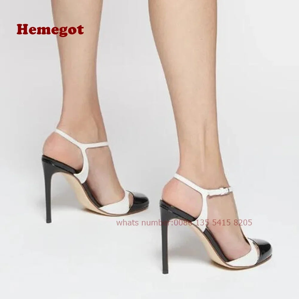 Two Tone T-Straps Women's Sandals Round Toe Cut Out Buckle Slingback High Heels Stiletto Summer Sandals Splicing Elegant Shoes