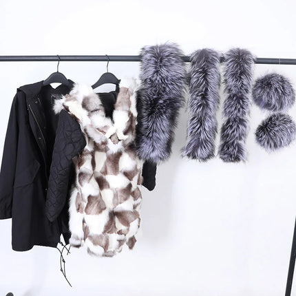 Winter Long Jacket Real Fur Coat Women Clothes Large Silver Fox Fur Collar Detachable Natural Fox Lining Parkas Leather Fur
