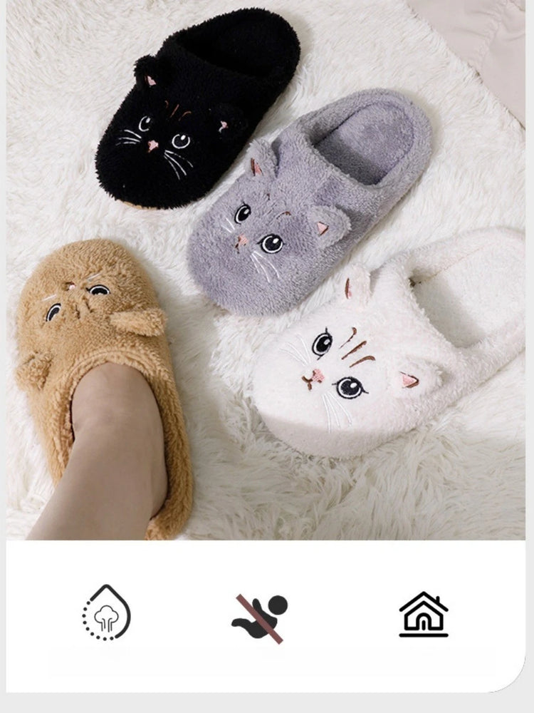 Winter Cute Cat Plush Slippers Women Indoor Comfortable Quiet Soft Sole Floor Slides Couples Winter Warm Fuzzy House Sandals